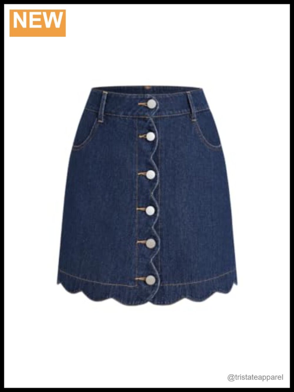 High Waisted A-Line Denim Mini Skirt Scalloped Hem Button Front